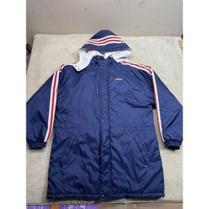 Vintage Adidas USA Trefoil Strip Puffer Jacket Mens XL Blue Big Logo Hooded